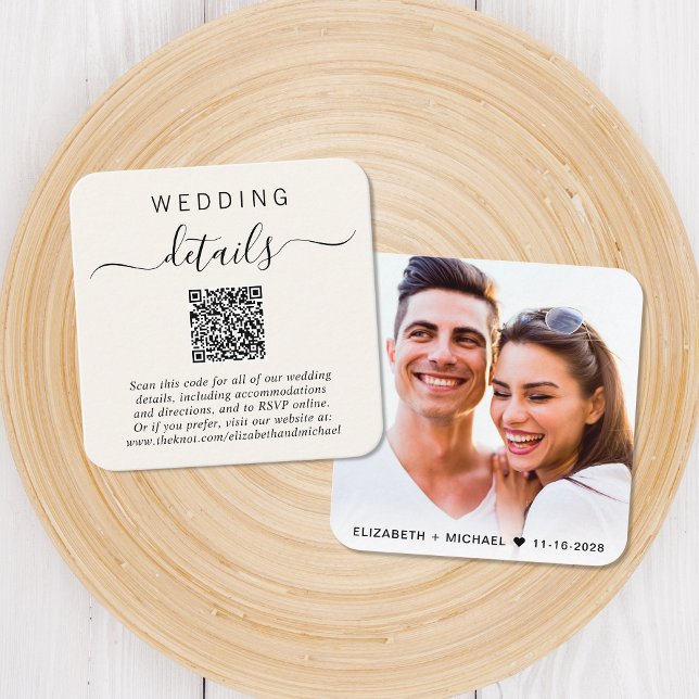 Tarjeta De Recepción Foto moderna Código QR Detalles del Boda de crema (Our user-friendly template will generate your QR code automatically from your website address)