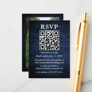 Tarjeta De Recepción Foto Rustic Blue Wood Foto QR Wedding RSVP