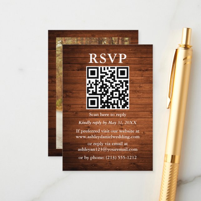 Tarjeta De Recepción Foto Rustic Wood QR Wedding RSVP (Anverso/Reverso In Situ)