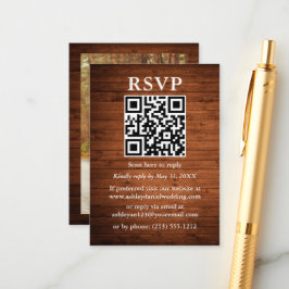 Tarjeta De Recepción Foto Rustic Wood QR Wedding RSVP