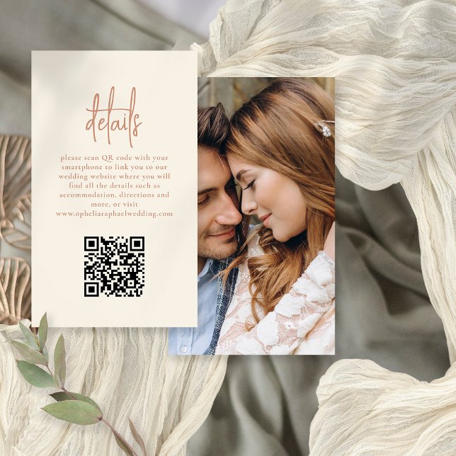 Tarjeta De Recepción Foto Script QR Terracotta Cream Boda Detalles (Front and back view)