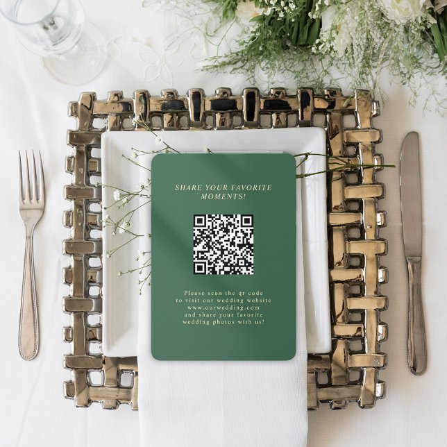 Tarjeta De Recepción Fotos del Boda de código QR elegante verde Minimal (Green Minimalist Elegant QR Code Wedding Photos Enclosure Card)