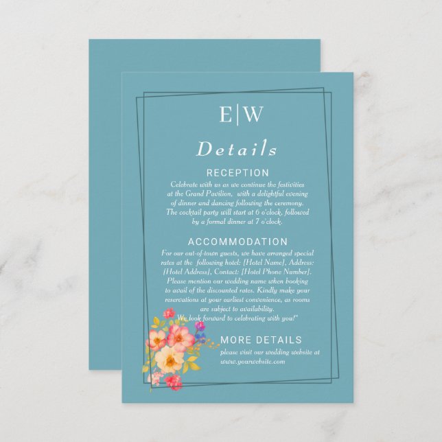 Tarjeta De Recepción  Frame with Roses, Wedding style on retro blue (Anverso / Reverso)