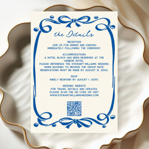 Tarjeta De Recepción French Blue Caprichosa Cinta Dibujada a Mano Boda