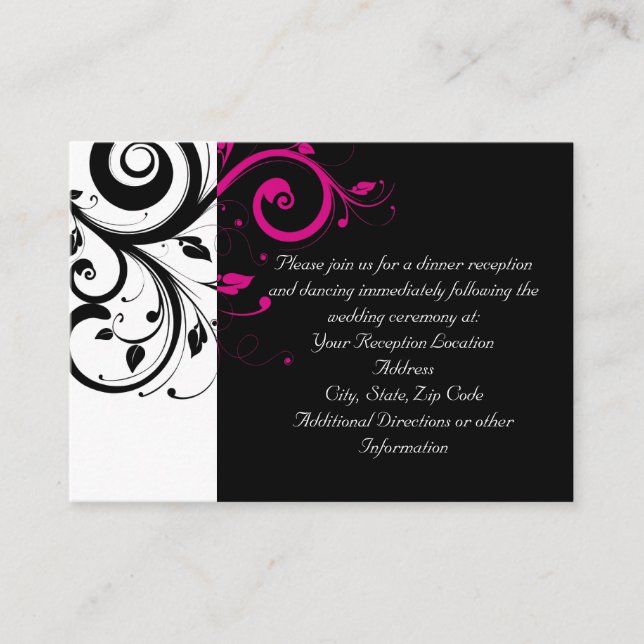 Tarjeta De Recepción Fuchsia Black Reverse Swirl Reception and Map Card (Anverso)