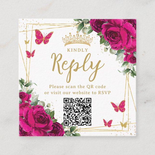 Tarjeta De Recepción Fuchsia Floral Butterflies Quinceanera RSVP QR (Anverso)