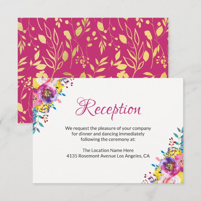 Tarjeta de recepción Fuchsia Gold Blossom Floral W (Anverso / Reverso)