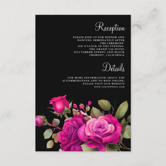 Tarjeta De Recepción Fuchsia Hot Pink Roses Black Wedding Details (Anverso)