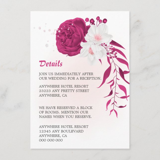 Tarjeta De Recepción fucsia asombrosa y floral blanca (Anverso)