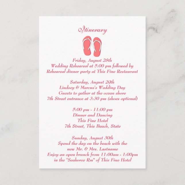 Tarjeta De Recepción Fun Beach Flip Flops Boda rosa Intinerar (Anverso)