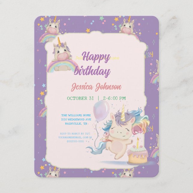 Tarjeta De Recepción Funny Birthday Unicorn (Anverso)