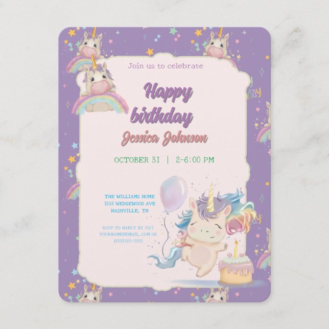 Tarjeta De Recepción Funny Birthday Unicorn (Anverso)