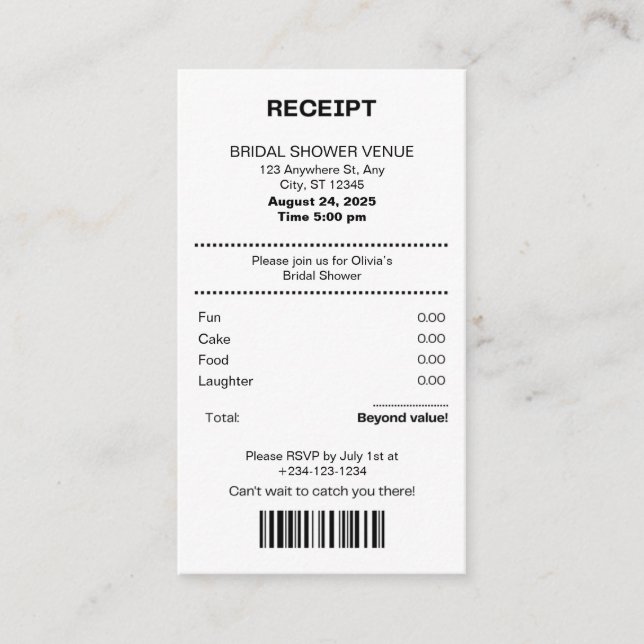 Tarjeta De Recepción Funny, Receipt theme Bridal shower invitation (Anverso)