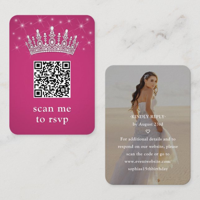 Tarjeta De Recepción Fuschia Pink QR RSVP Quinceañera Crown & Photo (Anverso / Reverso)