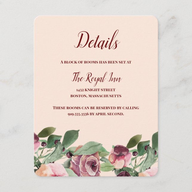 Tarjeta De Recepción Gabinete de acuarela floral de borgoña y melocotón (Anverso)