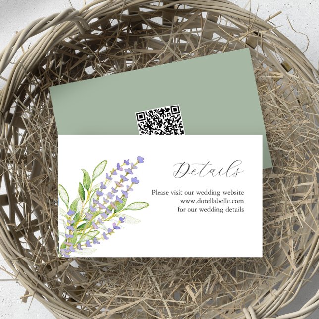 Tarjeta De Recepción Gabinete de Boda de acuarela de lavanda botánica (wedding details card QR code watercolor lavender art by Victoria Grigaliunas of Do Tell A Belle)