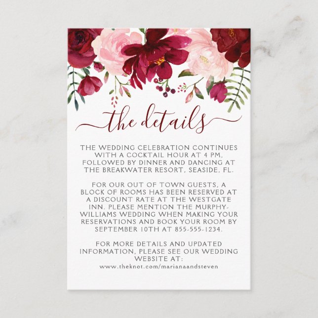 Tarjeta De Recepción Gabinete de Boda floral rosa de Borgoña (Anverso)