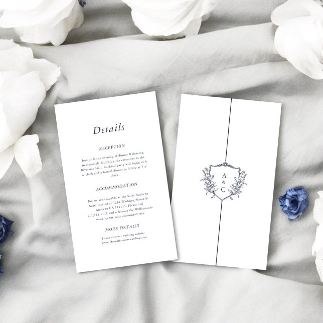 Tarjeta De Recepción Gabinete de detalles de boda simple con cresta mín (white with navy text stylish causual wedding stationary , tie the knot in style )
