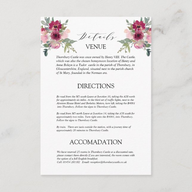 Tarjeta De Recepción Gabinete de detalles del Boda de bouquet de Borgoñ (Anverso)