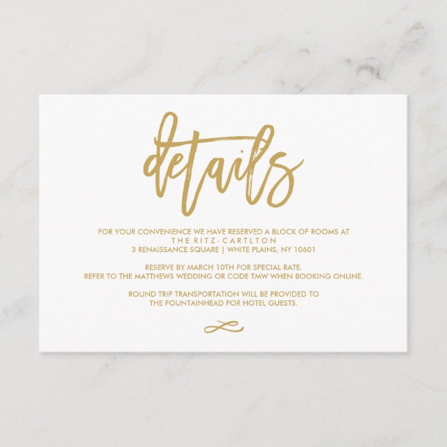 Tarjeta De Recepción Gabinete de detalles del Boda de oro con carta de  (Anverso)