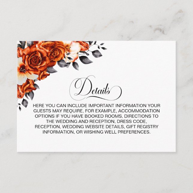 Tarjeta De Recepción Gabinete de detalles del Boda floral Naranja quema (Anverso)