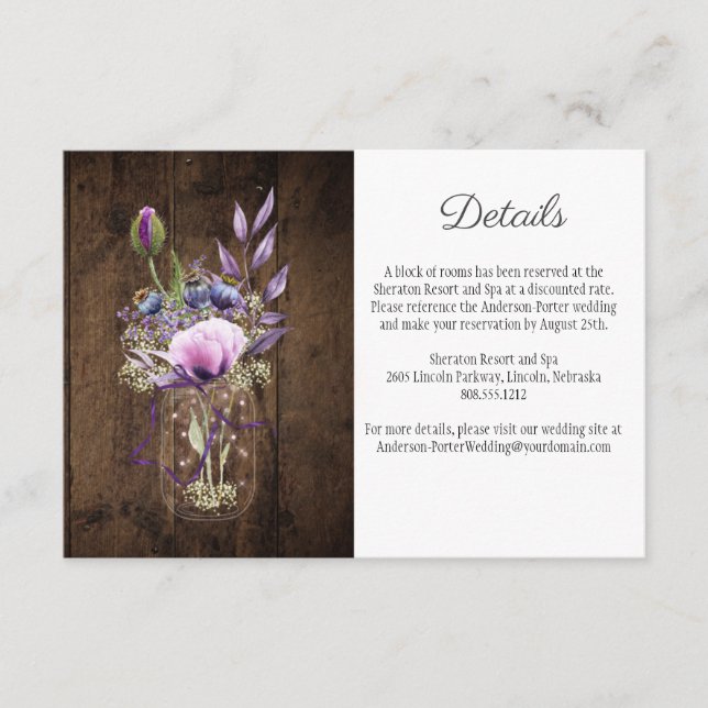 Tarjeta De Recepción Gabinete de flores púrpura rusticas mason Jar Viol (Anverso)