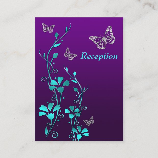 Tarjeta De Recepción Gabinete de mariposas florales púrpura, Verde azul (Anverso)