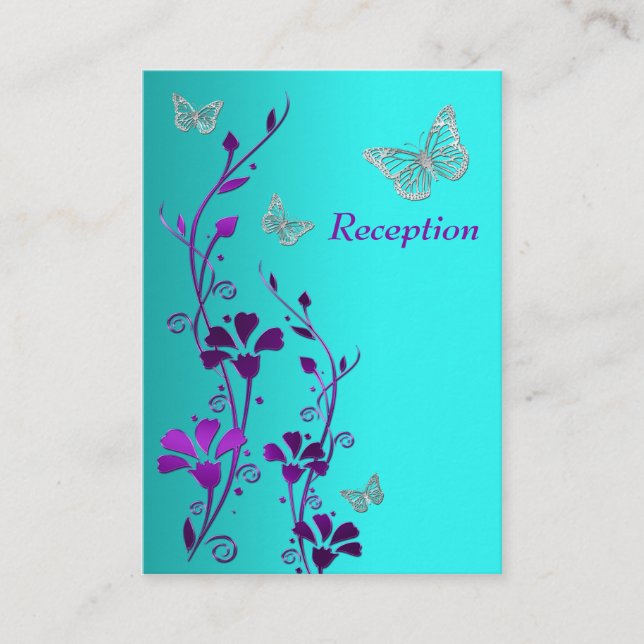 Tarjeta De Recepción Gabinete de mariposas florales púrpuras de plata V (Anverso)
