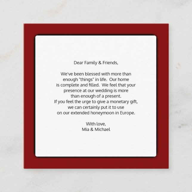 Tarjeta De Recepción Gabinete de regalos para bodas que desean dinero b (Anverso)