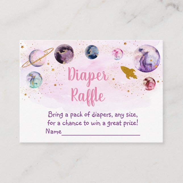 Tarjeta De Recepción Galaxia Espacio Oro Rosa Baby Shower Diaper Raffle (Anverso)