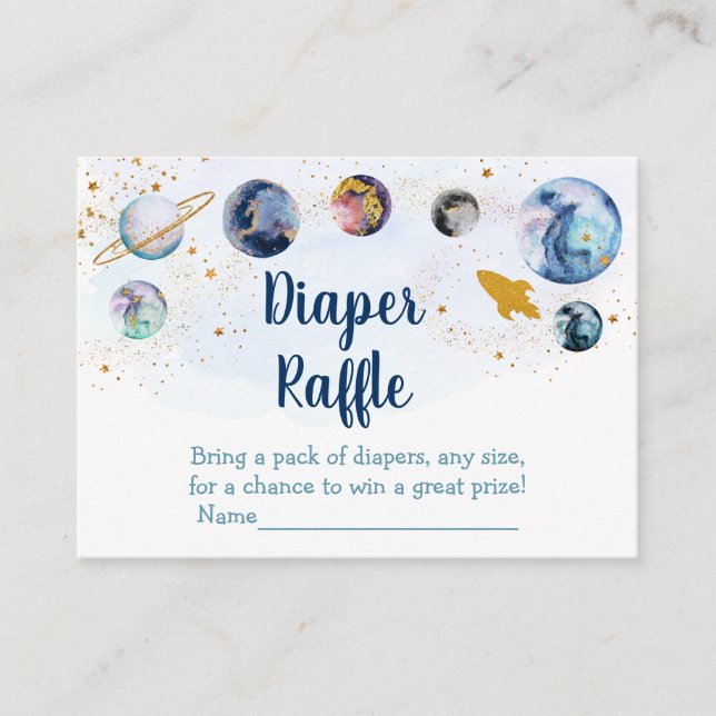 Tarjeta De Recepción Galaxy Blue Gold Space Baby Shower Diaper Raffle (Anverso)