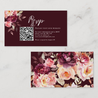 Tarjeta De Recepción Garden Watercolor Floral Borgoña Detalles Código Q