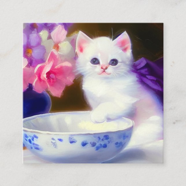 Tarjeta De Recepción Gatito blanco vintage con cinta morada (Anverso)