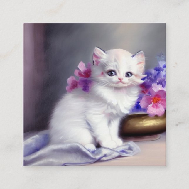 Tarjeta De Recepción Gatito blanco vintage con flores rosadas y moradas (Anverso)