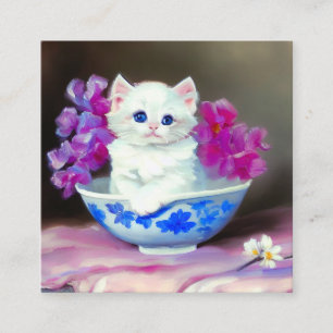 Tarjeta De Recepción Gatito blanco vintage con flores rosas