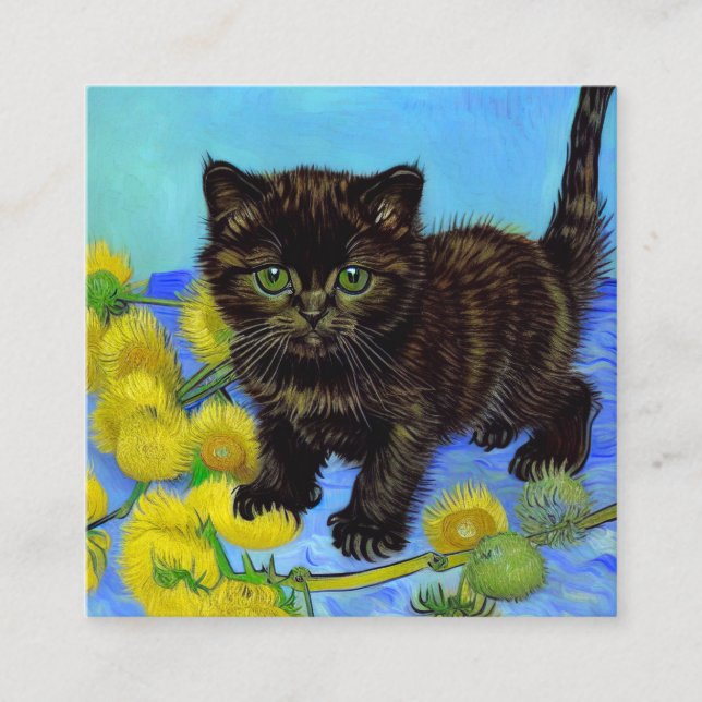 Tarjeta De Recepción Gato estilo Van Gogh con girasoles (Anverso)