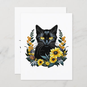 Tarjeta De Recepción gato negro con flores