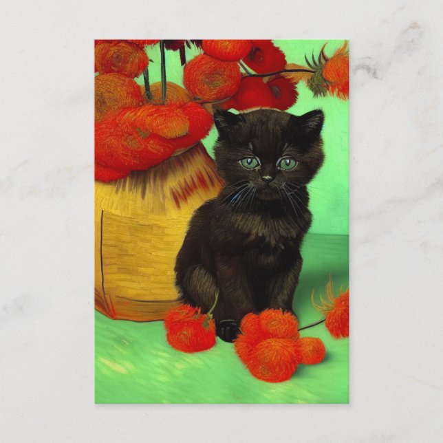 Tarjeta De Recepción Gato negro de Van Gogh con flores rojas (Anverso)