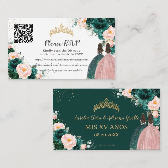 Tarjeta De Recepción Gemelos florales Emerald Green Rubor Quinceañera Q (Anverso / Reverso)