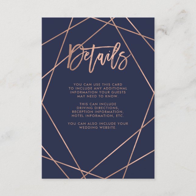 Tarjeta De Recepción Geométrica de oro Rosa Faux | Detalles del invitad (Anverso)