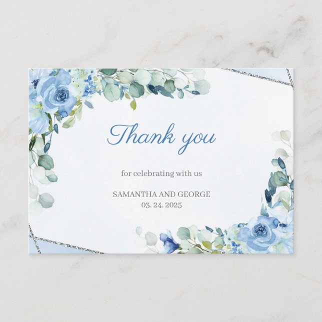 Tarjeta De Recepción Geométrico Boho Dusty Blue Floral Silver Gracias (Anverso)