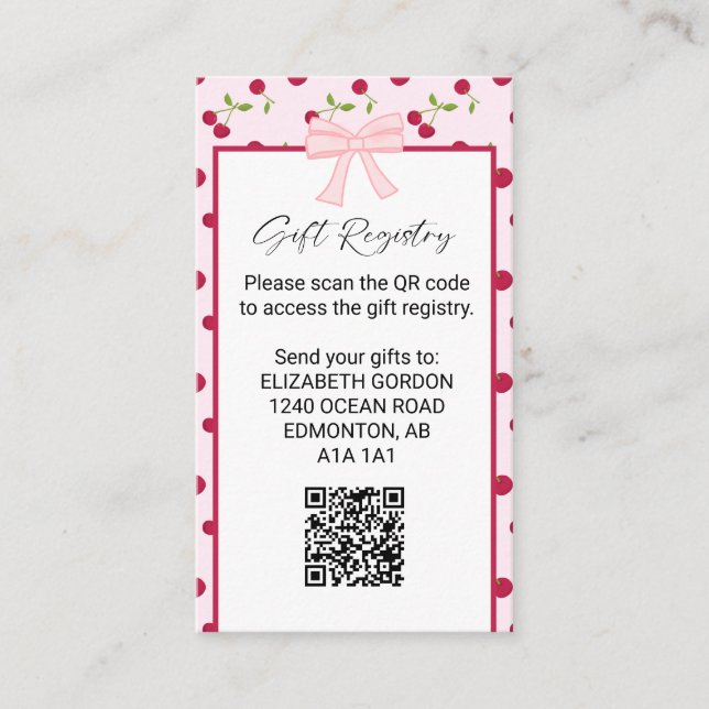 Tarjeta De Recepción Gift Registry Cherry Baby Shower QR Code (Anverso)