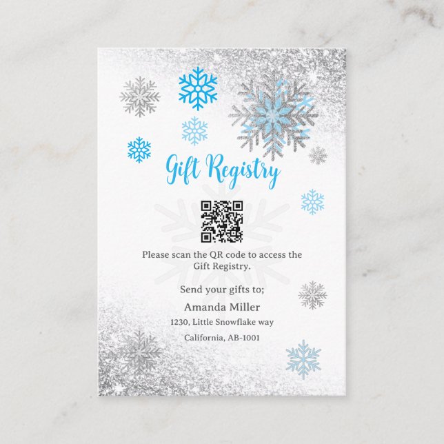 Tarjeta De Recepción Gift Registry Snowflake Winter Baby Shower QR Code (Anverso)