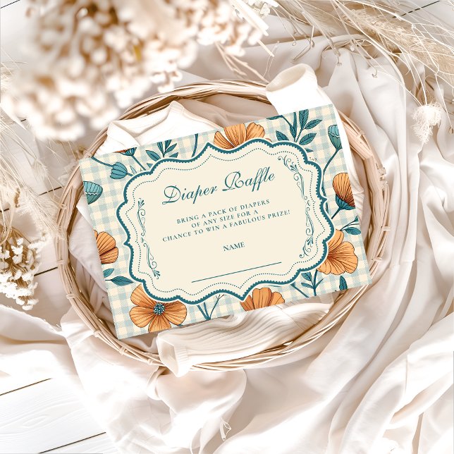 Tarjeta De Recepción Gingham Peach Floral Diapper Raffle (Subido por el creador)