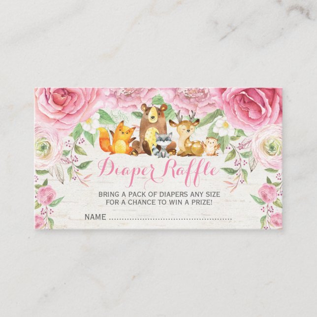 Tarjeta De Recepción Gir Woodland Pink Floral Baby Diaper Raffle Ticket (Anverso)