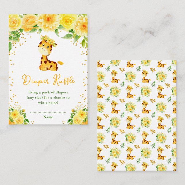 Tarjeta De Recepción Giraffe Yellow Floral Baby Shower Diaper Raffle (Anverso / Reverso)