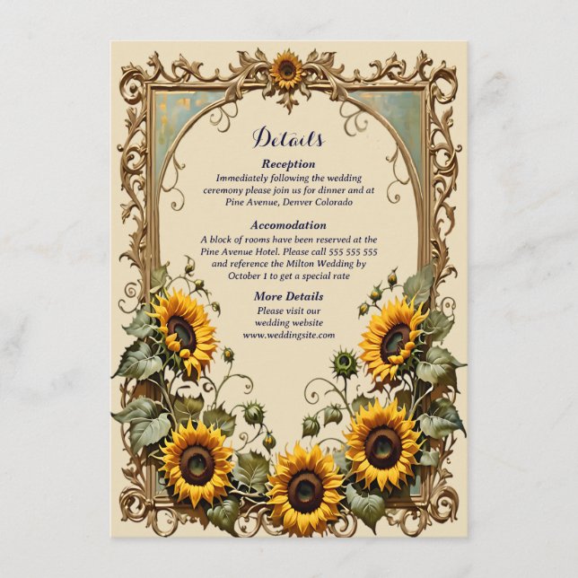 Tarjeta De Recepción Girasol amarillo con boda de marco de arte (Anverso)