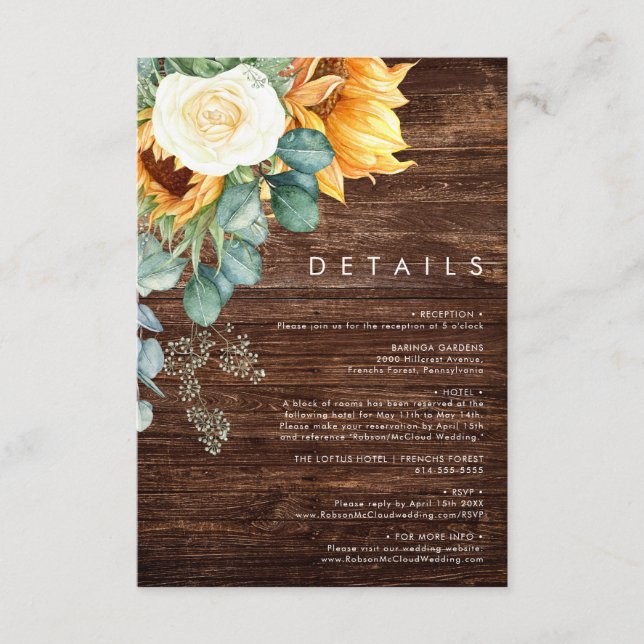 Tarjeta De Recepción Girasol de país en negrita | Detalles de madera (Anverso)