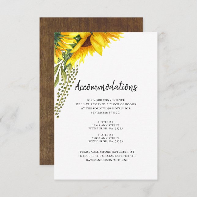 Tarjeta De Recepción Girasoles Rústicos | Alojamiento de Boda (Anverso / Reverso)