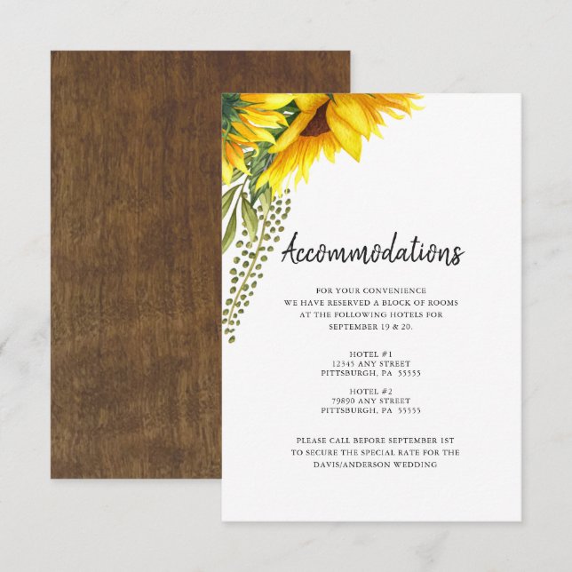 Tarjeta De Recepción Girasoles Rústicos | Alojamiento para Bodas (Anverso / Reverso)